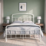 [White | Double] Front view of a white metal bed frame with curved rails and white bedding in a bright bedroom.