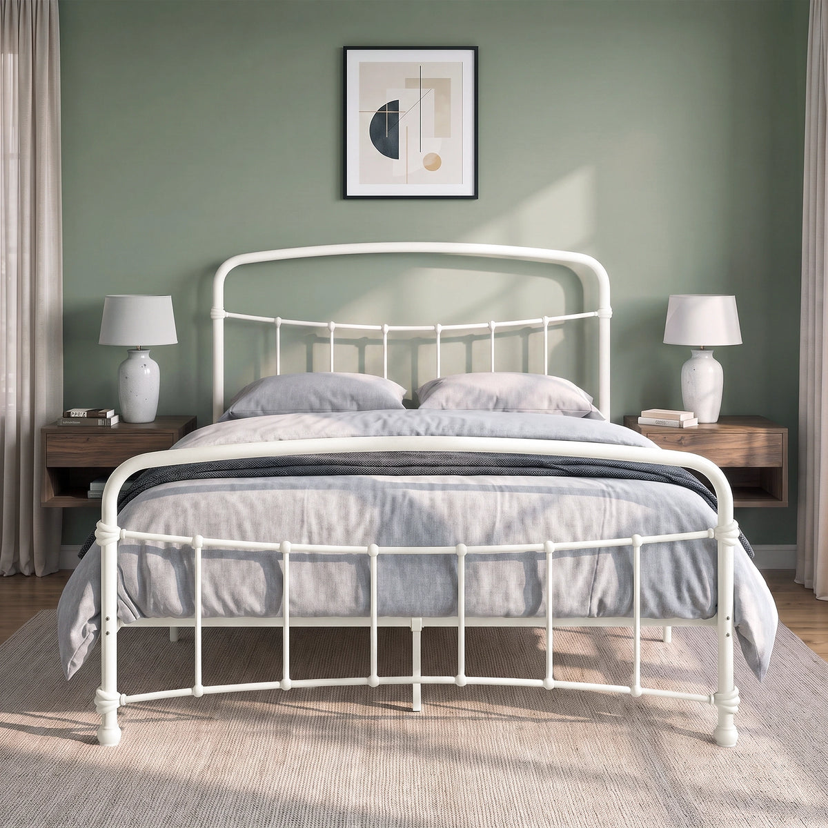 [White | Double] Front view of a white metal bed frame with curved rails and white bedding in a bright bedroom.