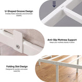 [White | Double] Graphic showing U-shaped frame joints, anti-slip mattress supports and folding metal slats.