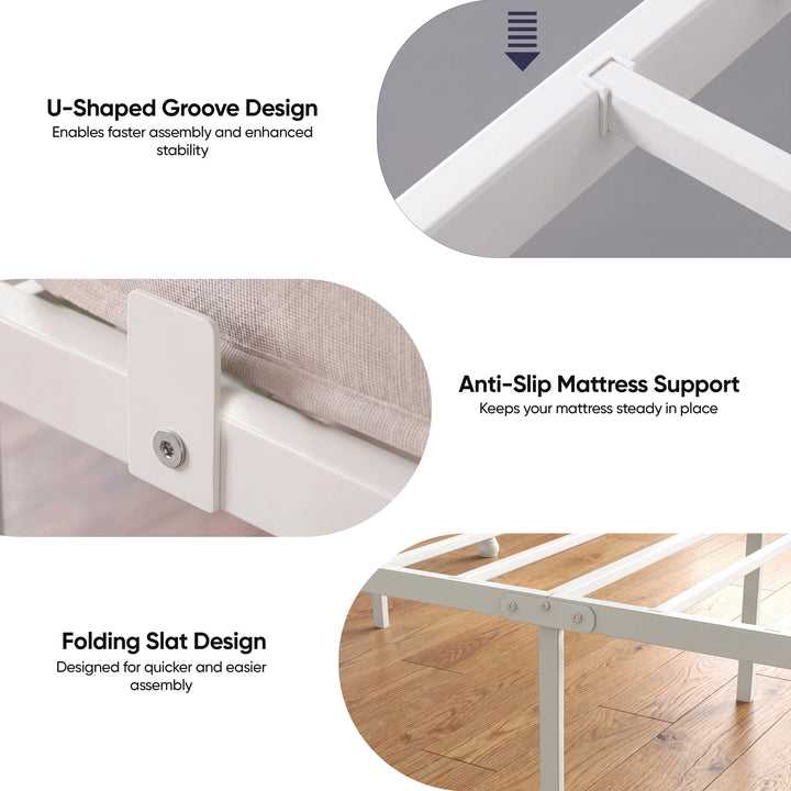 [White | Double] Graphic showing U-shaped frame joints, anti-slip mattress supports and folding metal slats.