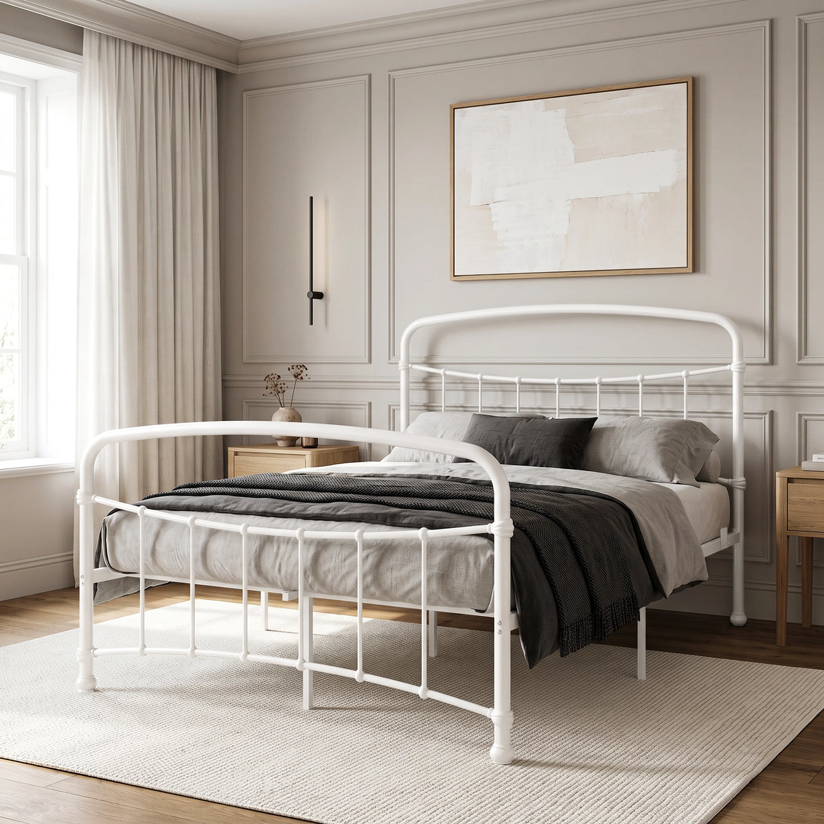 [White | Double] White metal bed frame with white bedding, wood side tables and a woven rug in a bright bedroom.