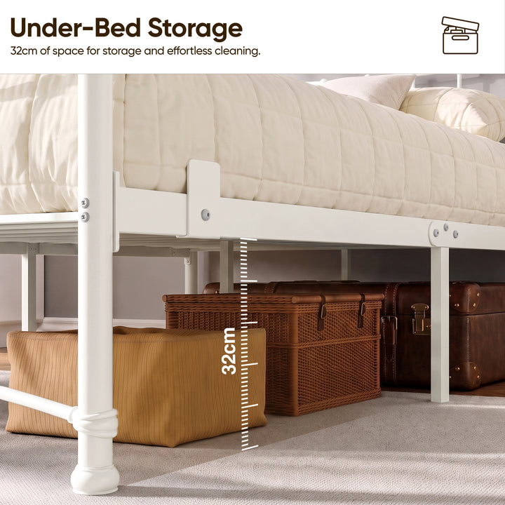 [White | Double] Graphic showing 32 cm space under the white bed frame, with baskets and luggage stored below.