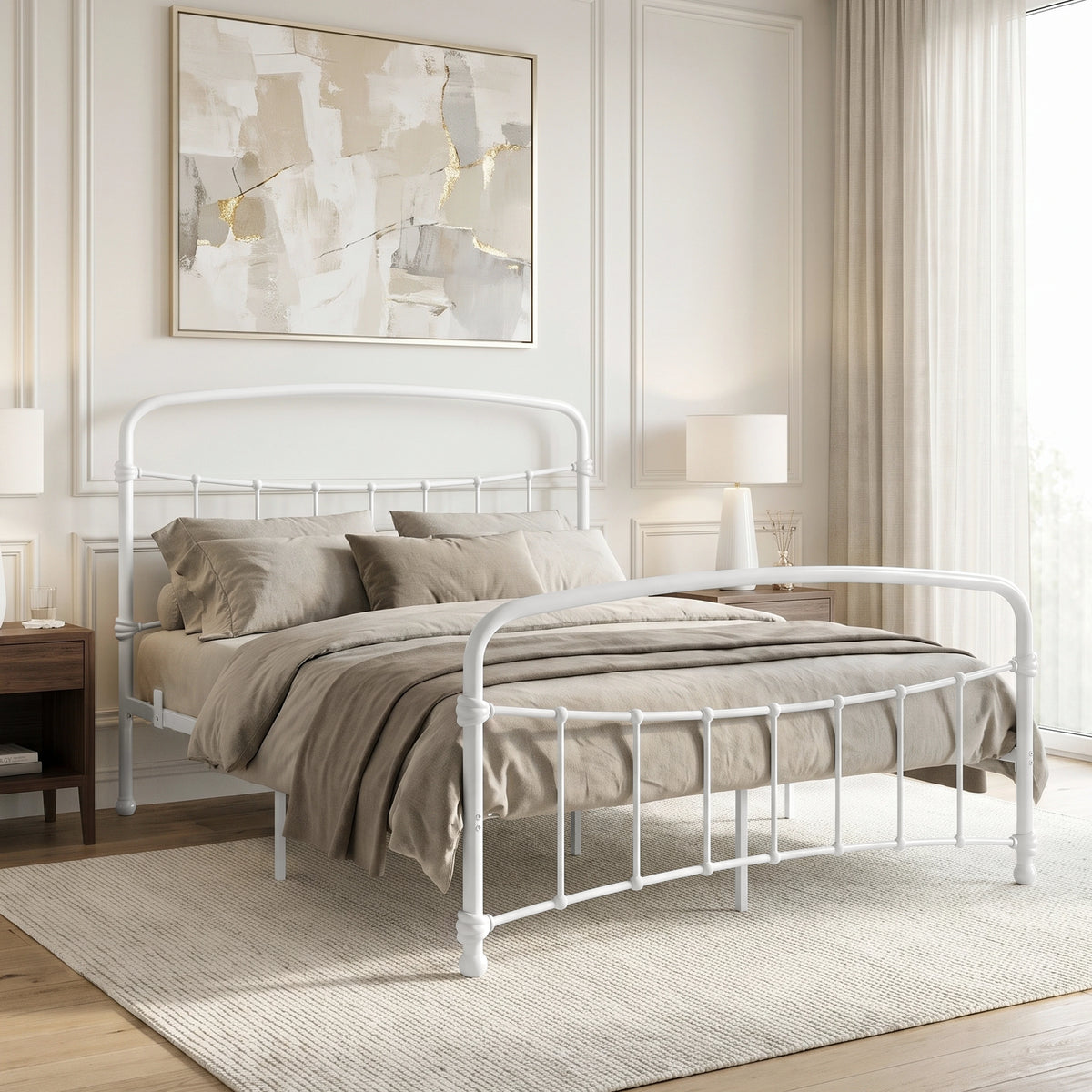[White | King] White metal bed frame with taupe bedding, shown at a 3/4 Angle in a bright bedroom with a rug.