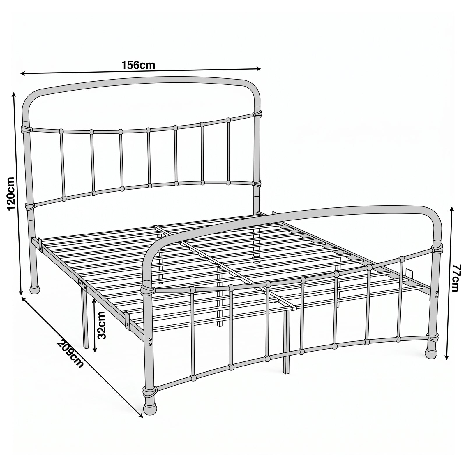 [White | King] Dimension of a bed frame, 156cm(W) x 209 cm (L) x 32 cm (H), with head height 120 cm, foot height 77 cm.