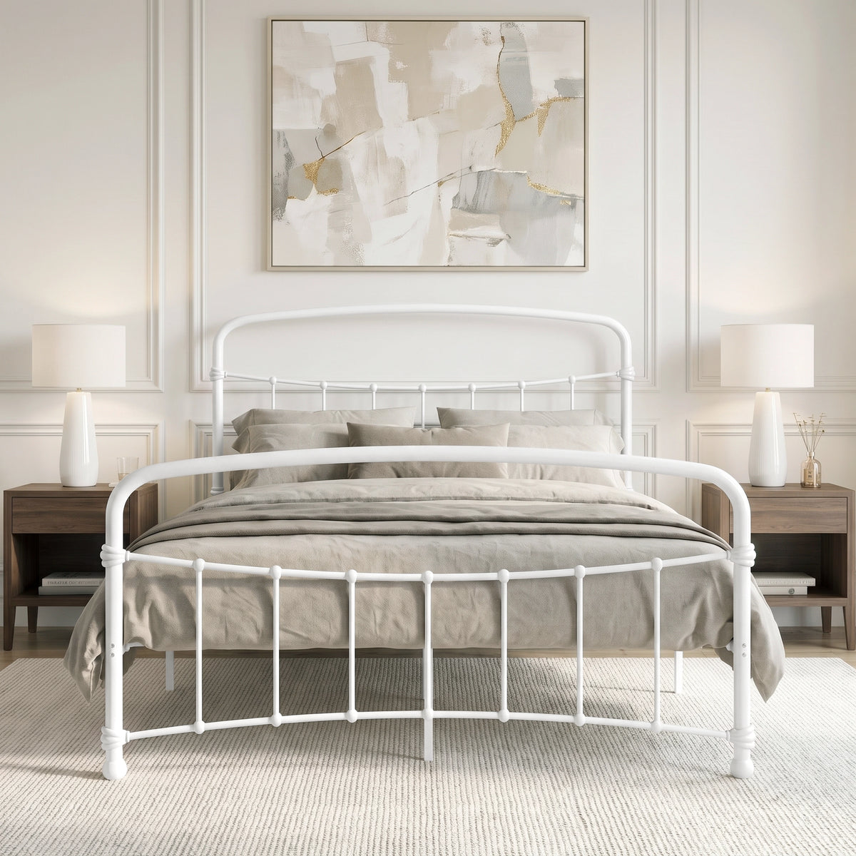 [White | King] Front view of a white metal bed frame with curved rails and taupe bedding in a bright bedroom.