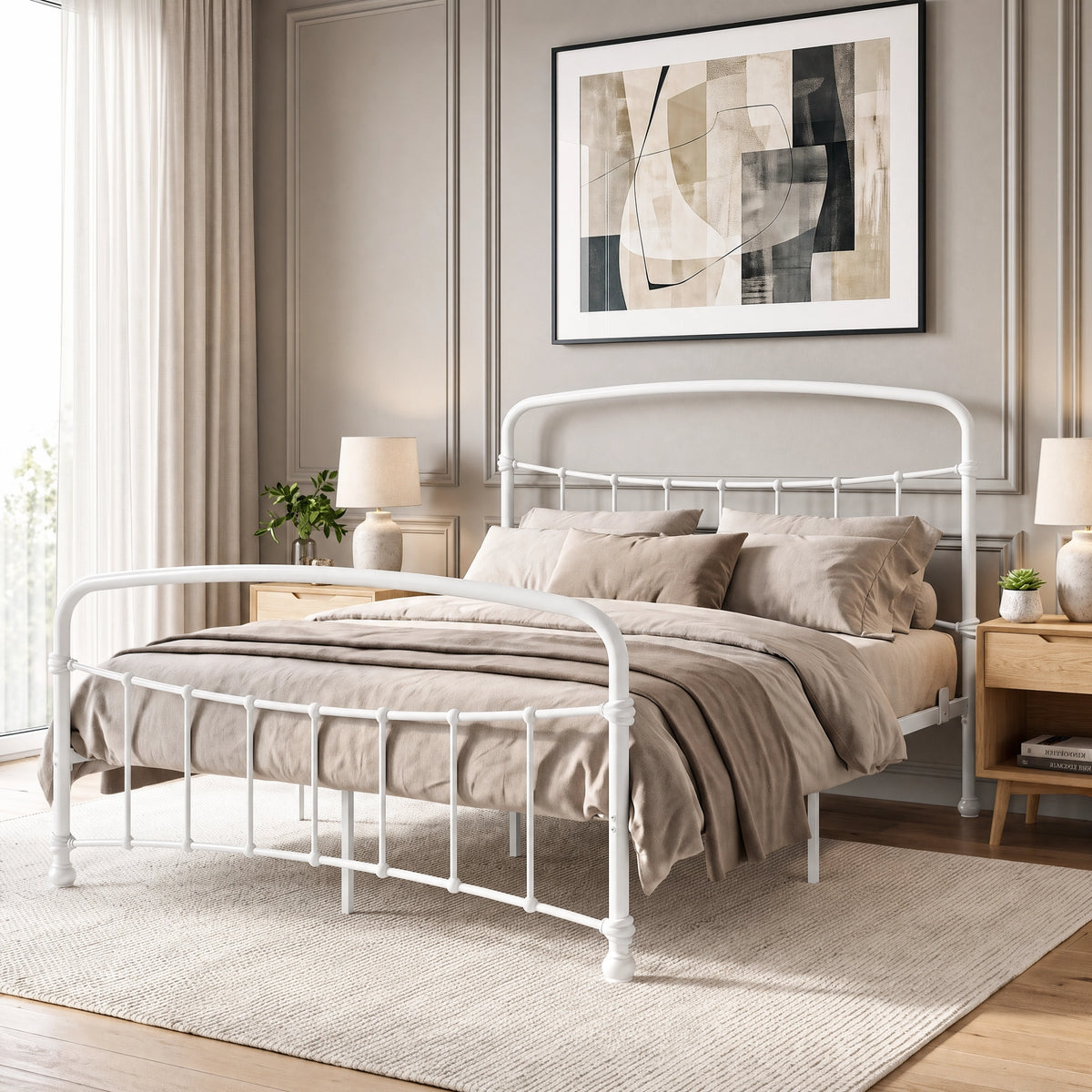 [White | King] White metal bed frame with taupe bedding, dark side tables and a large rug in a bright bedroom.