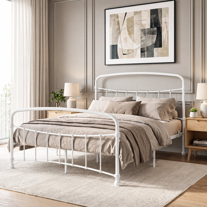 [White | King] White metal bed frame with taupe bedding, dark side tables and a large rug in a bright bedroom.