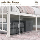 [White | Single] Graphic showing 32 cm space under the white bed frame, with baskets and luggage stored below.