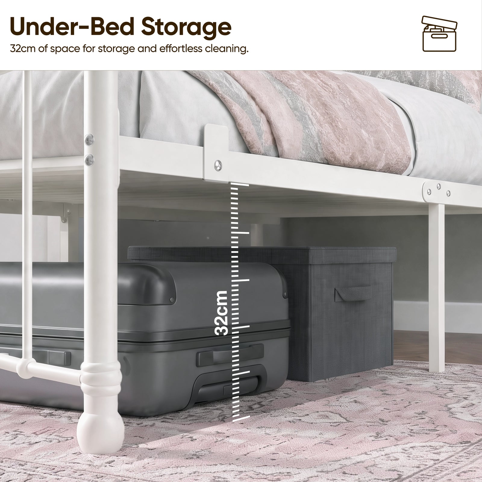 [White | Single] Graphic showing 32 cm space under the white bed frame, with baskets and luggage stored below.