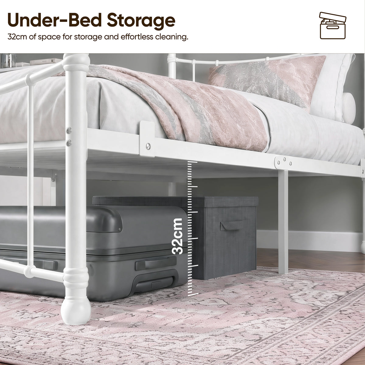 [White | Single] Graphic showing 32 cm space under the white bed frame, with baskets and luggage stored below.