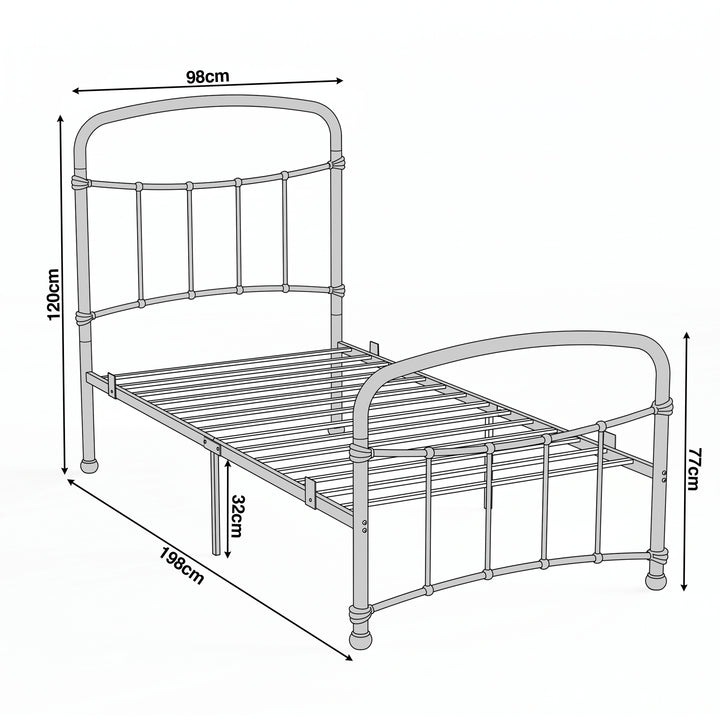 [White | Single] Dimension of a bed frame, 98cm(W) x 198 cm (L) x 32 cm (H), with head height 120 cm, foot height 77 cm.