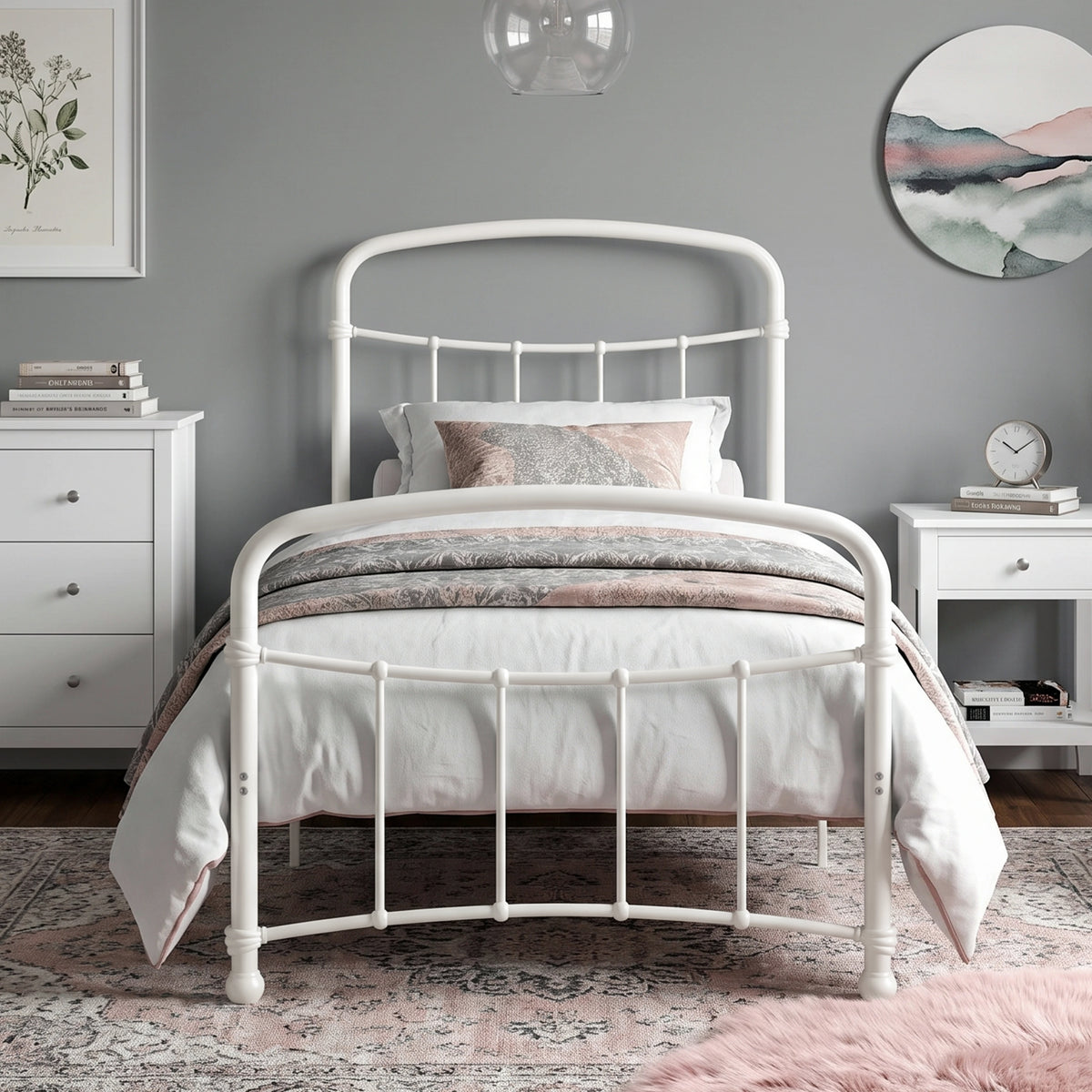 [White | Single] Front view of a white metal bed frame with curved rails and white bedding in a bright bedroom.