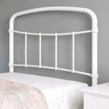 [White | Single] Close-up of the white curved headboard with vertical bars, white pillows and light bedding.