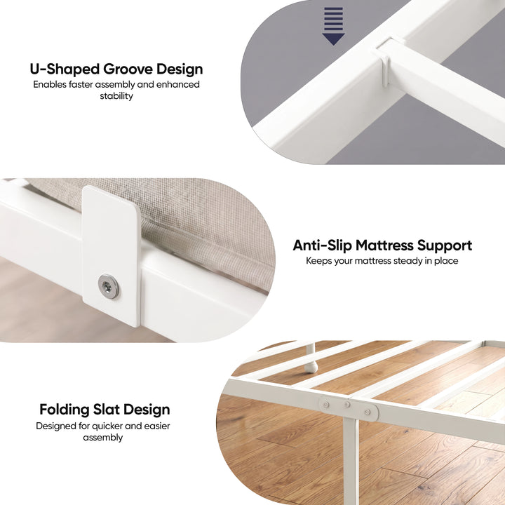 [White | Single] Graphic showing U-shaped frame joints, anti-slip mattress supports and folding metal slats.