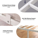 [White | Single] Graphic showing U-shaped frame joints, anti-slip mattress supports and folding metal slats.
