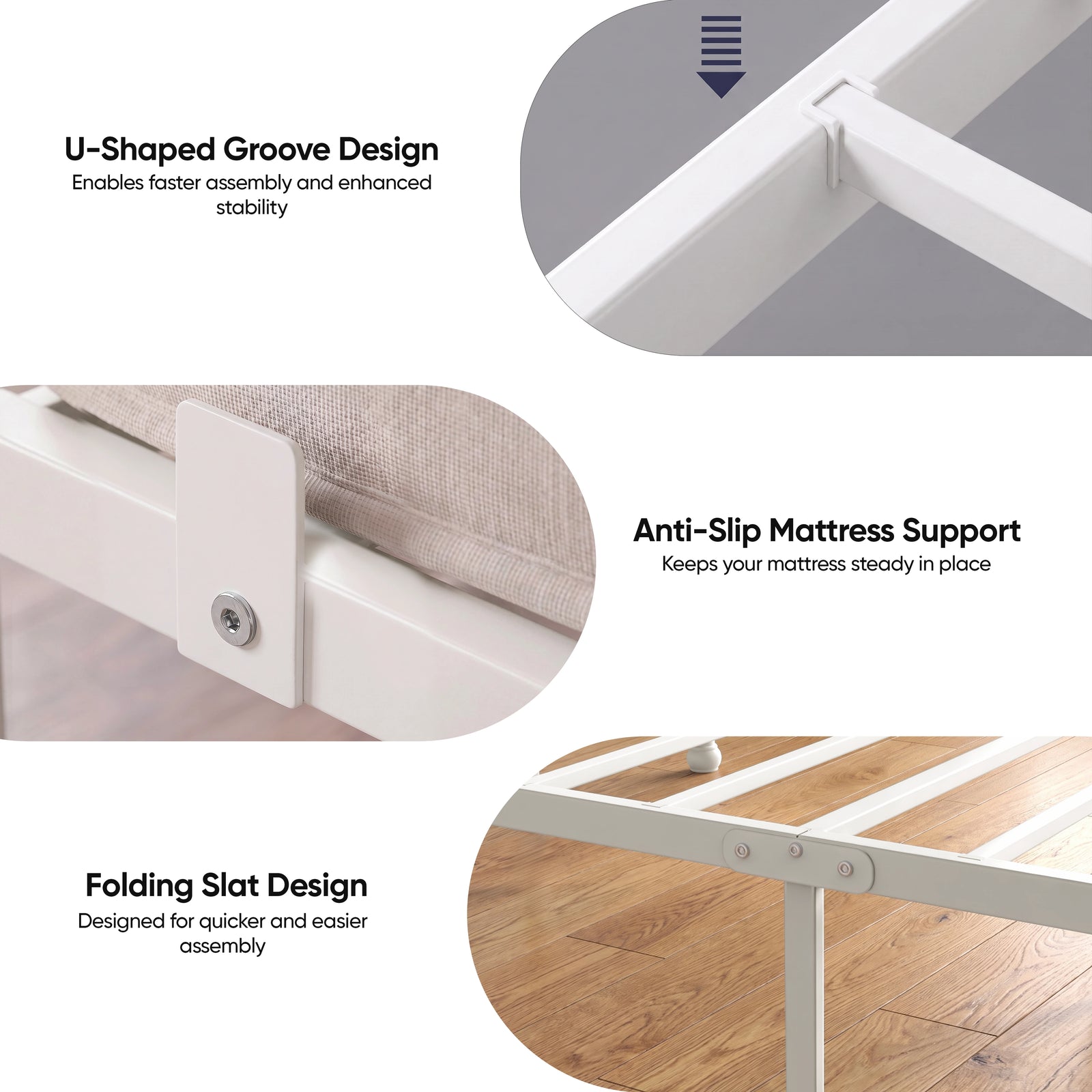 [White | Single] Graphic showing U-shaped frame joints, anti-slip mattress supports and folding metal slats.