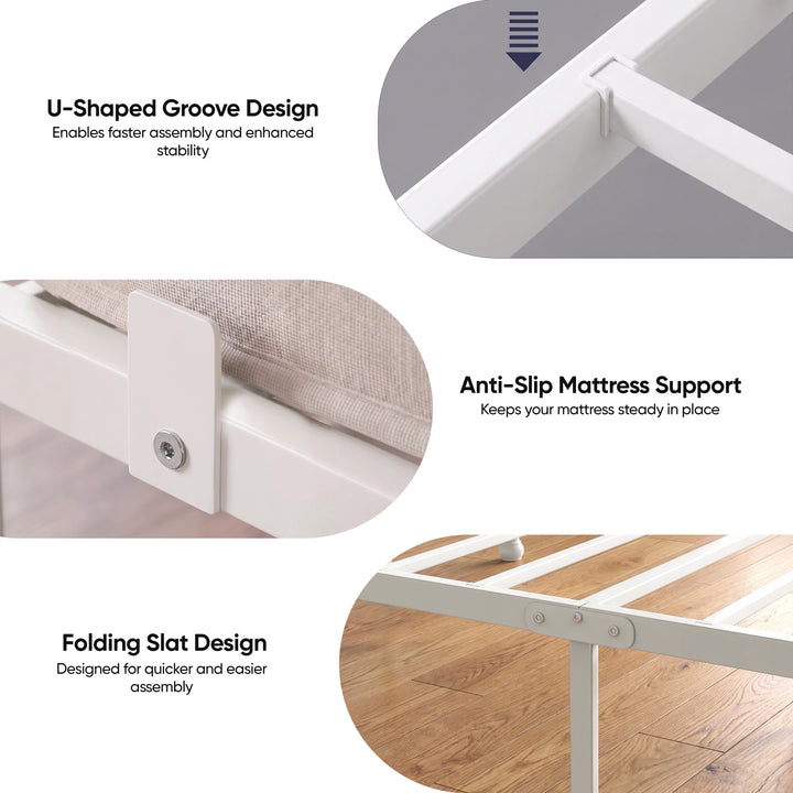 [White | Single] Graphic showing U-shaped frame joints, anti-slip mattress supports and folding metal slats.