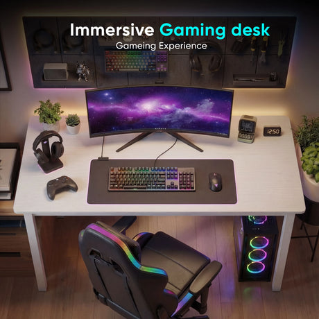 [100 x 50 cm] Home Office Desk 100cm gaming setup overhead view with ultrawide curved monitor, RGB keyboard, gaming mouse, headphone stand, game controller, and RGB PC tower