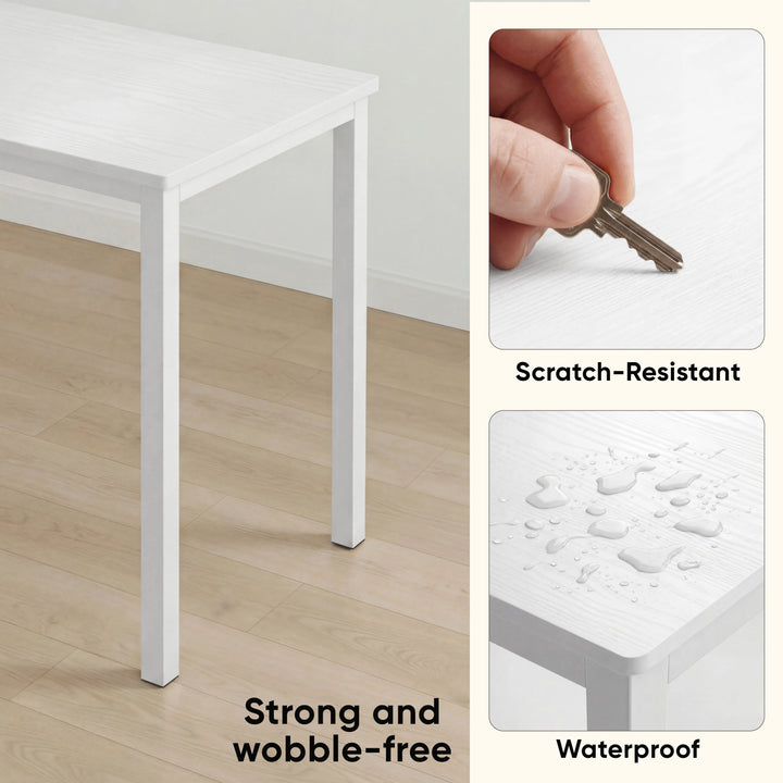 [100 x 50 cm] Home Office Desk 100cm surface material detail showing wobble-free leg, scratch-resistant top with key test, and waterproof surface with water droplets
