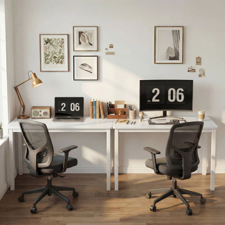 [80 x 50 cm] Home Office Desk 80cm shown as dual joined workstation in bright white room with two black mesh chairs, laptop and monitor setups, and gallery wall above