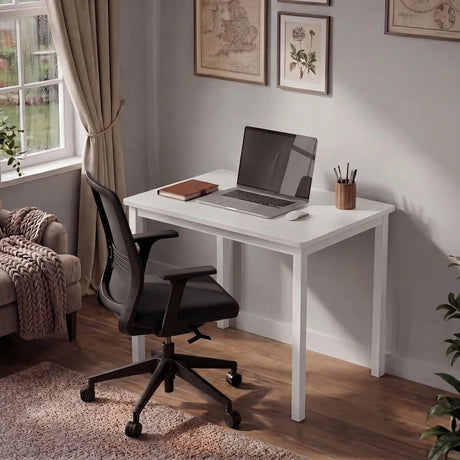 [80 x 50 cm] Home Office Desk 80cm angled in grey living room study corner with sash window, laptop, journal, pencil pot, and black mesh chair on dark wood floor
