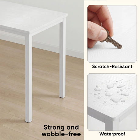 [80 x 50 cm] Home Office Desk 80cm surface material detail showing wobble-free leg, scratch-resistant top with key test, and waterproof surface with water droplets