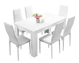 Elegant white dining room table and chairs set, perfect for modern dining spaces.