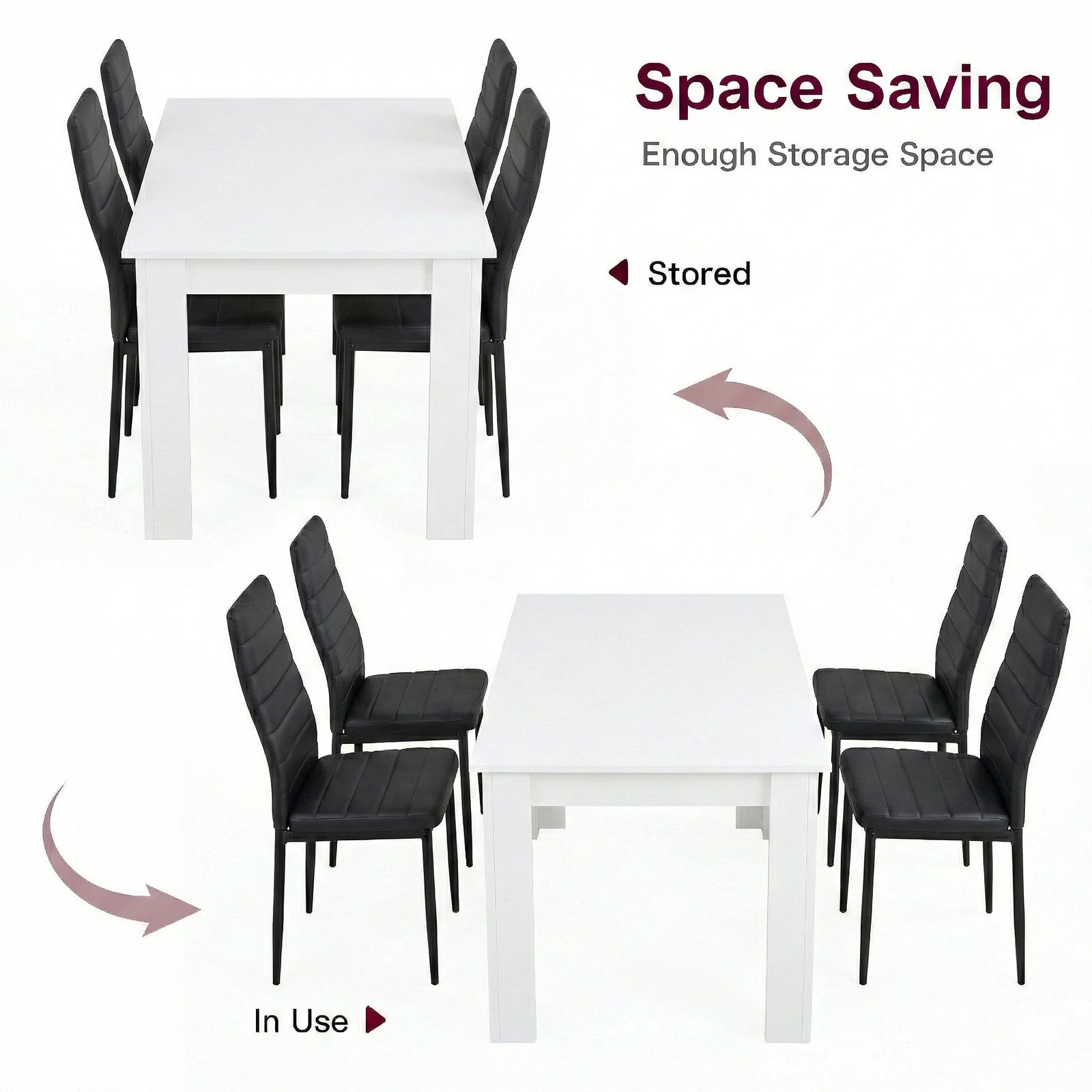 [4 Seater | Black] Dining Table and Chairs Set shown in two configurations — chairs tucked in for storage and pulled out for use around the table