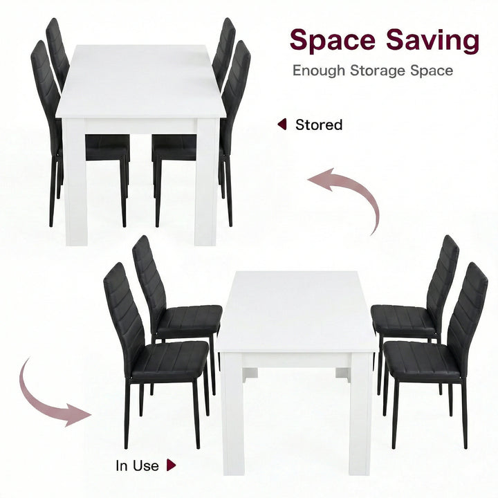[4 Seater | Black] Dining Table and Chairs Set shown in two configurations — chairs tucked in for storage and pulled out for use around the table