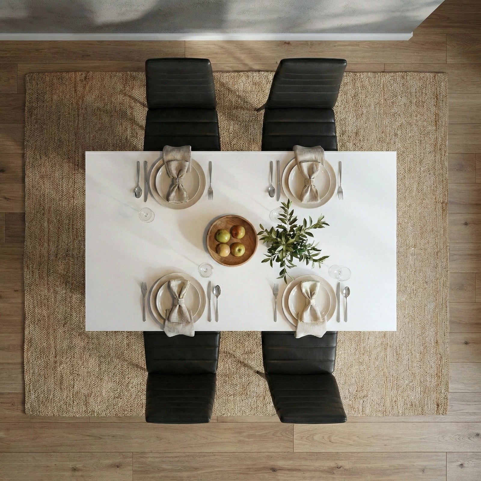 [4 Seater | Black] Dining Table and Chairs Set seen from directly above with four place settings, linen napkins, glassware, and a centrepiece