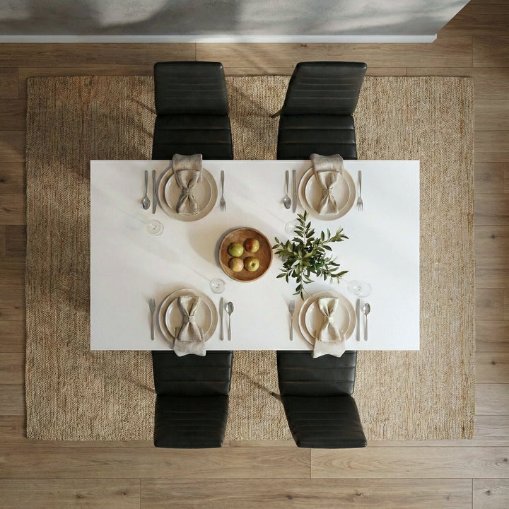 [4 Seater | Black] Dining Table and Chairs Set seen from directly above with four place settings, linen napkins, glassware, and a centrepiece