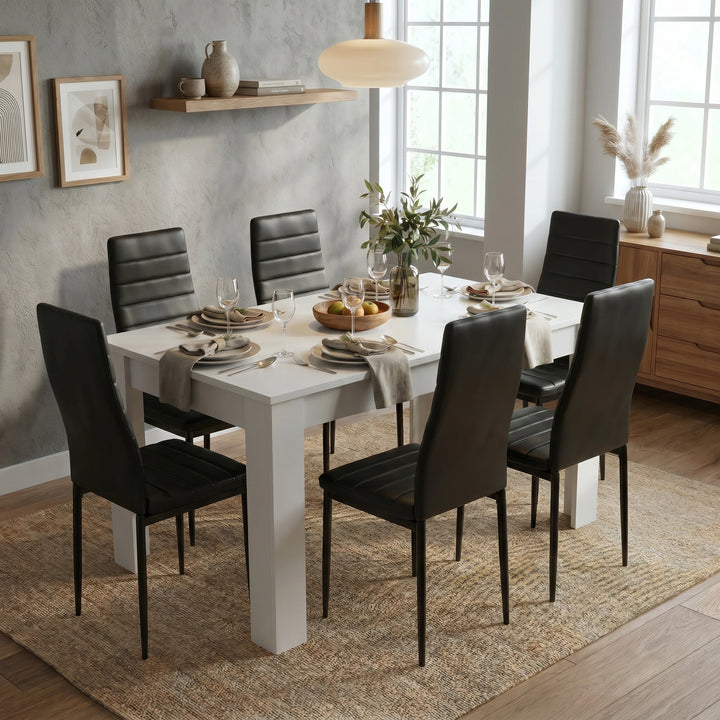 [6 Seater | Black] Dining Table and Chairs Set viewed from above in a styled dining room with six black chairs, place settings, and a fruit bowl centrepiece