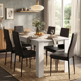 [6 Seater | Black] Dining Table and Chairs Set with six black padded chairs around a white rectangular table in a styled bright dining room