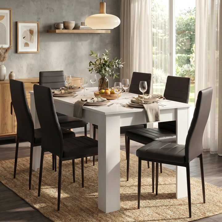 [6 Seater | Black] Dining Table and Chairs Set with six black padded chairs around a white rectangular table in a styled bright dining room