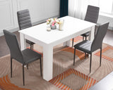 White dining table with grey chairs, a sleek and modern set for stylish dining.