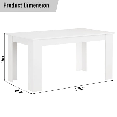 Product dimensions of the 6-seater white dining table: 140cm length, 80cm width, 75cm height. Ideal for family meals.