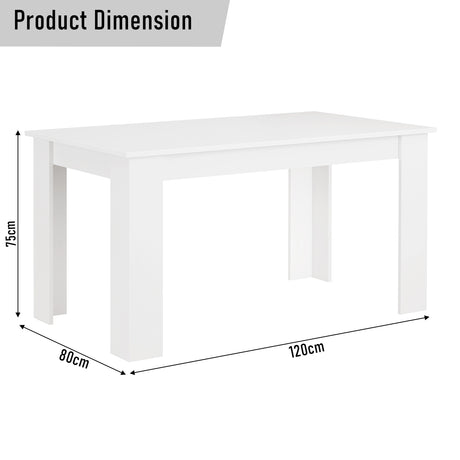 Product dimensions of the white dining table: 120cm length, 80cm width, 75cm height. Suitable for 4-seater dining arrangements.