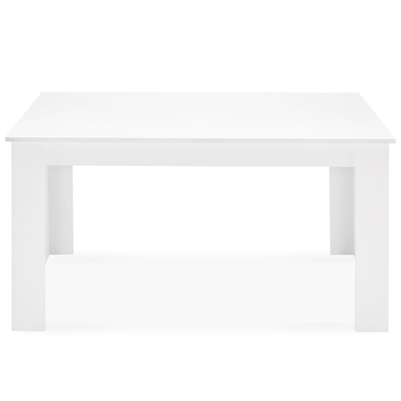 Front view of white rectangular dining table, included in the 6 seater set with padded grey chairs.