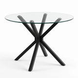 [Glass] dining table with black metal legs on a white background