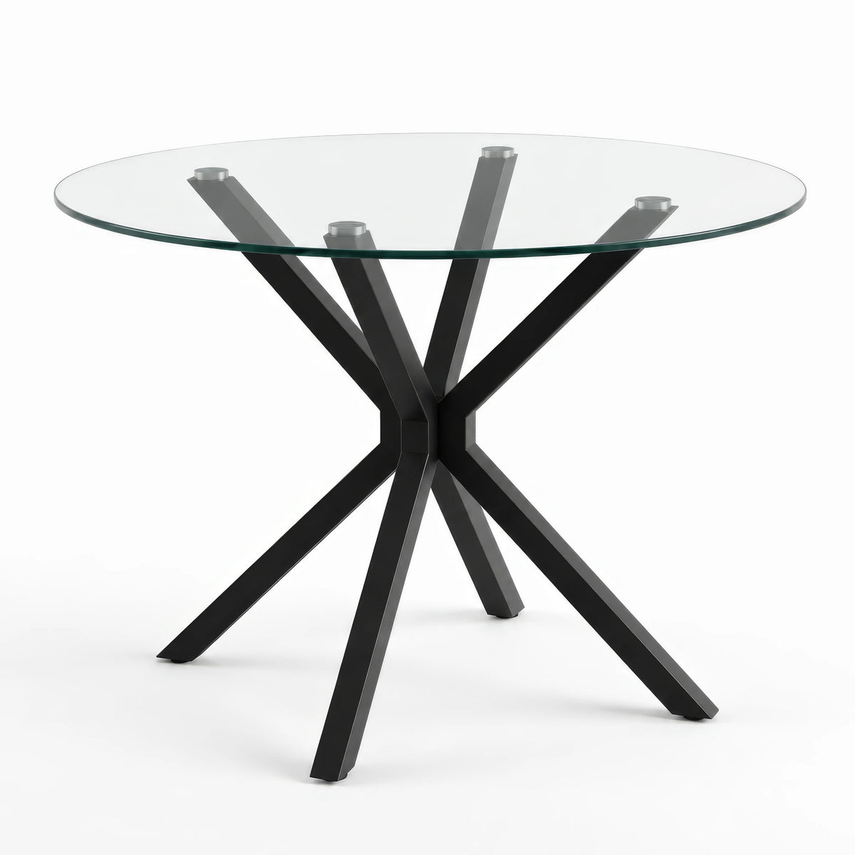 [Glass] dining table with black metal legs on a white background