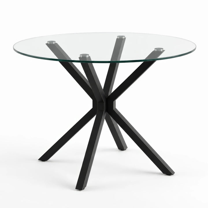 [Glass] dining table with black metal legs on a white background