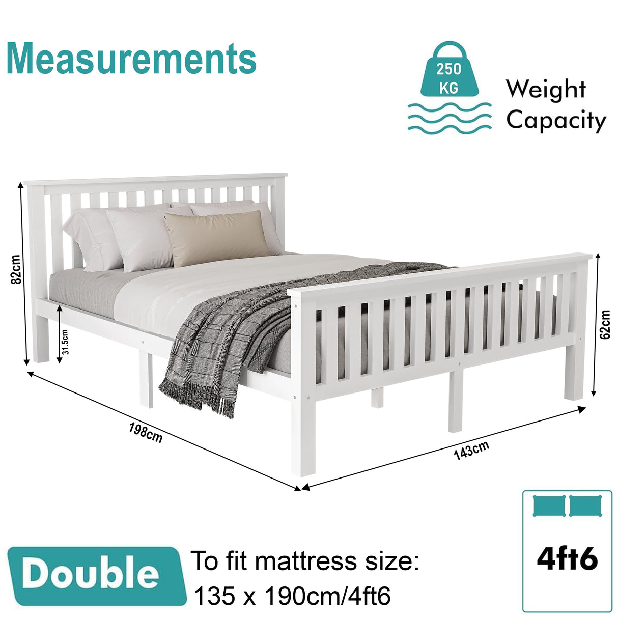 White double wooden bed frame with measurements and a 250kg weight capacity for strong support.