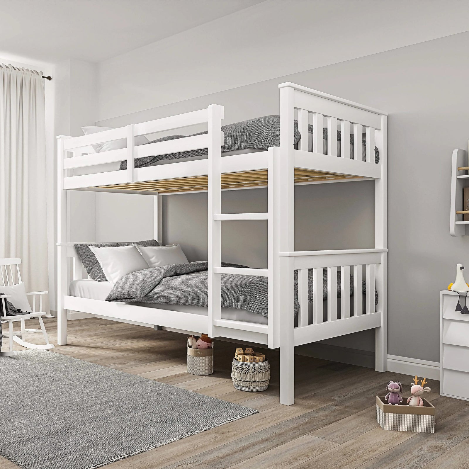 [White | Double] white detachable double bunk bed angled view with grey bedding on both bunks and woven baskets beside frame