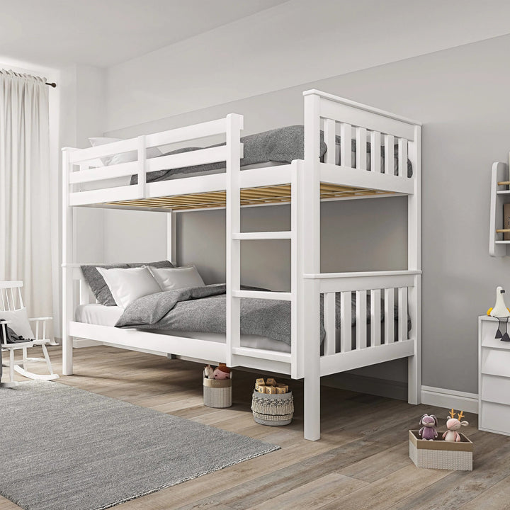 [White | Double] white detachable double bunk bed angled view with grey bedding on both bunks and woven baskets beside frame