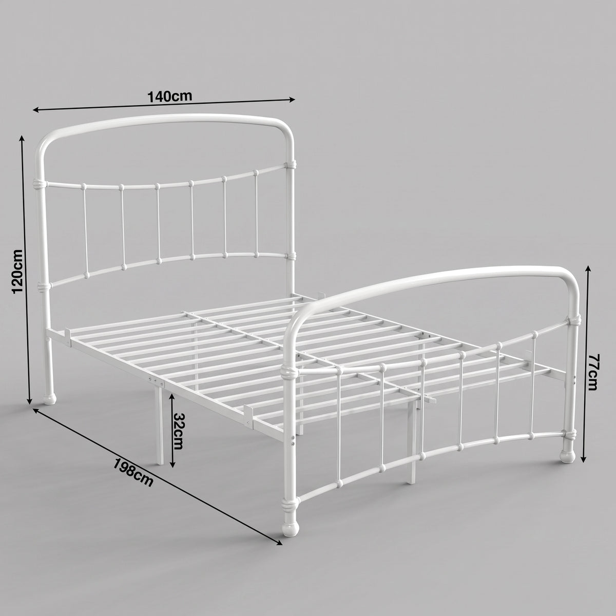 [White | Double] Size diagram showing 140x198cm frame, 120cm headboard, 77cm footboard, and 32cm under-bed clearance.