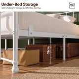 [White | Double] Storage graphic showing a cushion, wicker basket, and suitcase beneath the bed, with 32cm clearance marked.