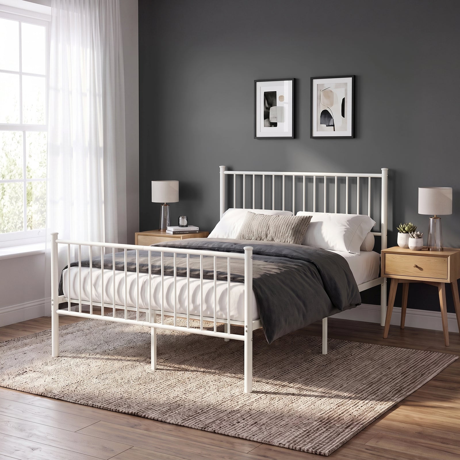 [White | Double] White metal bed with grey-white bedding, tall bar headboard, matching footboard and centre support legs.