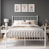 [White | Double] White metal bed with grey-white bedding, tall bar headboard, matching footboard and centre support legs.