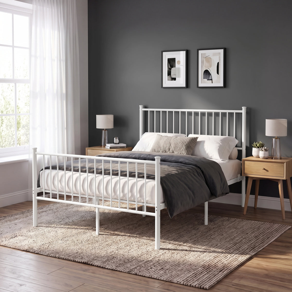 [White | Double] Front view of white metal bed with tall bar headboard, matching footboard, neutral bedding and centre leg.