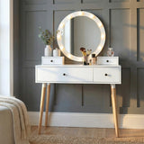 [White] Dressing table angled view with LED Hollywood mirror and makeup accessories on dark grey wall setting